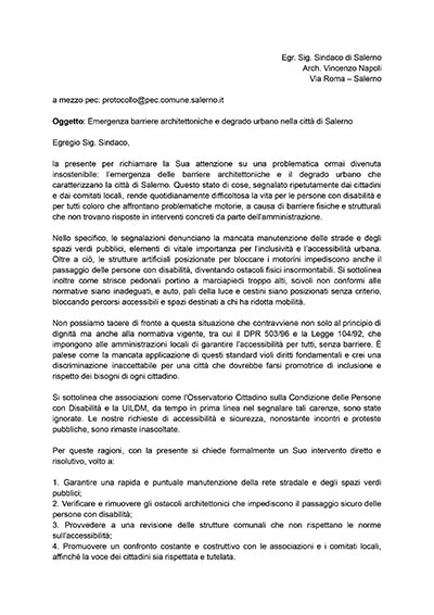 lettera aperta al sindaco di Salerno sulle barriere architettoniche